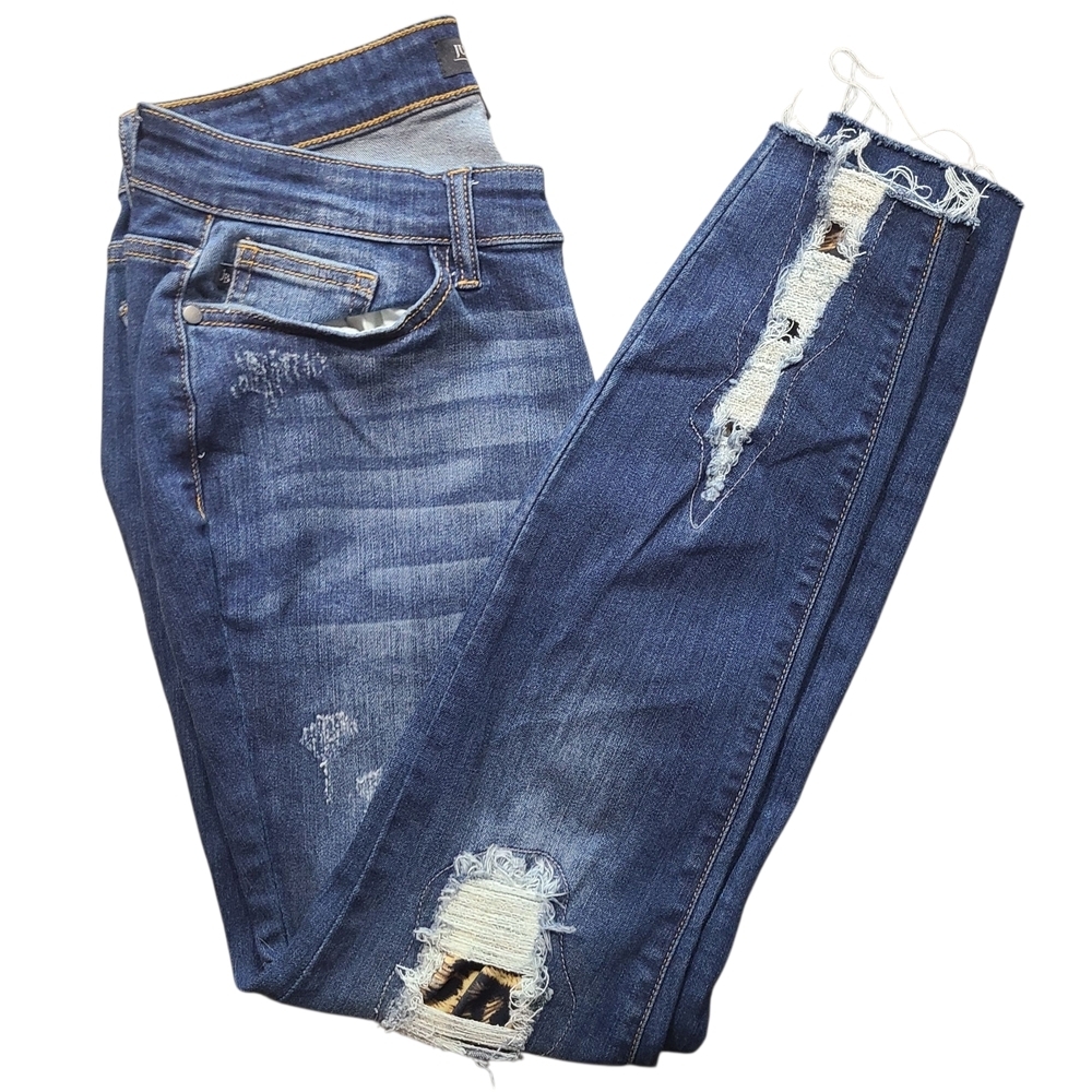 Judy Blue Leopard Patch Skinny Jeans 11/30 Dark Wash Distressed Stretch - Picture 5 of 14